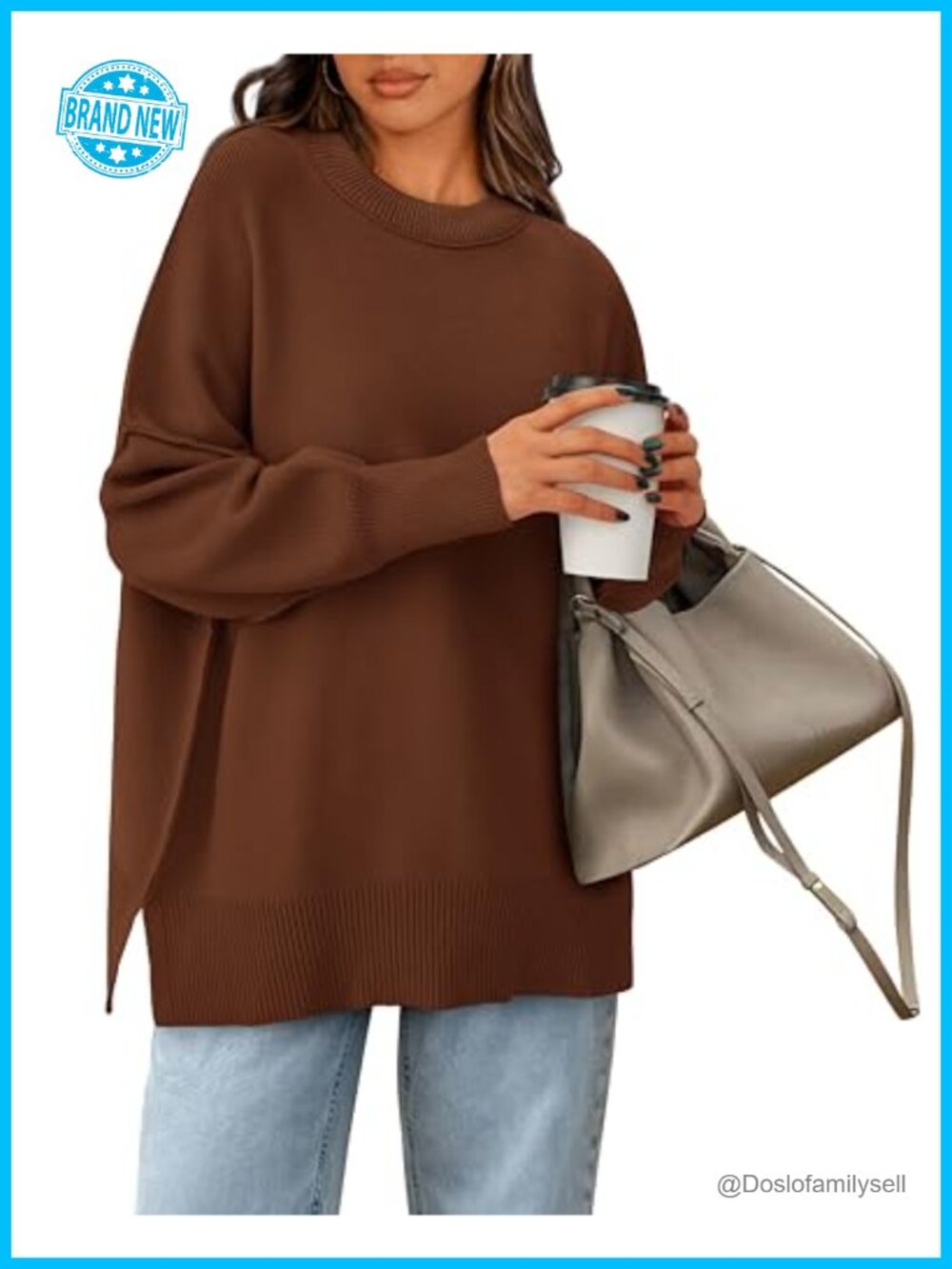 Oversized Chunky Knit Crewneck Sweater Side Slit Pullover